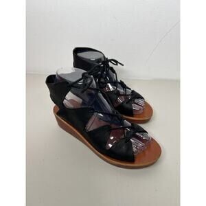 Lucky Brand Women's Hipsta Sandals Black Leather Wedge Lace Up Shoes Size 6.5